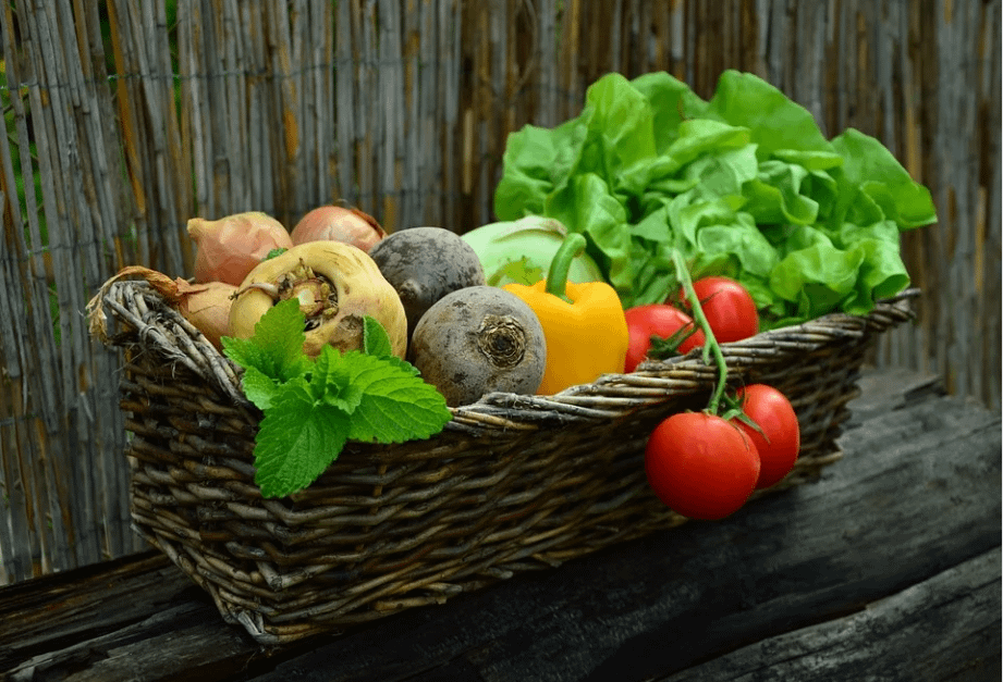 basket with fruits and veggies